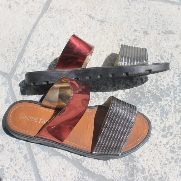 Electric Karma Red & Silver Sandals Woman Size 8 Glitter Shiny Slip On Metallic - Picture 6 of 10